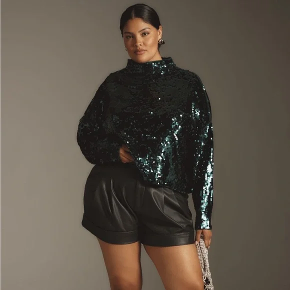 Anthropologie Alani Cashmere Mock Neck Sweater Sequin Ed EMERALD GREEN Sz XL NWT - Picture 5 of 14